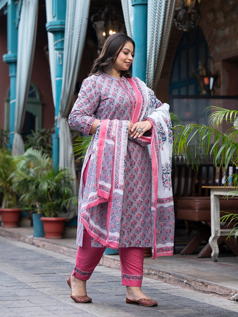 Women Plus Size Grey Pure Cotton Kurta Set With Dupatta
